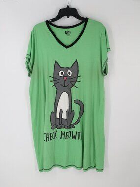 Lazy One Check Meowt Cat Shirt Gown Womens L / XL Pajamas Fox Green Knit PJs